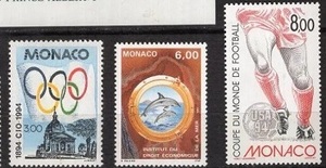  モナコ公国『五輪-海洋権‐サッカー(３種)』１９９４年５月１７日発行 (未使用切手)