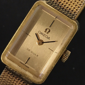 オメガ デビル 手巻き 機械式 腕時計 スクエアフェイス レディース ゴールドカラー文字盤 純正ブレス OMEGA