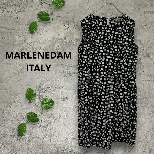 MARLENEDAM ITALY（42）総柄ワンピース モノトーン 日本製 ti0810