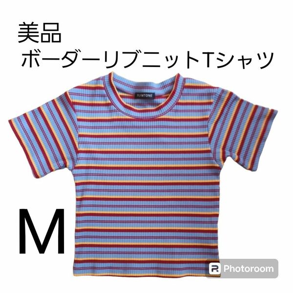 美品【M】ボーダーリブニットTシャツ【プリムトーン】