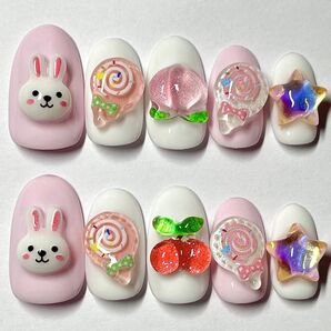No57.現品ネイルチップ 1点限定 ピンクホワイトうさぎロリポップ桃チェリー