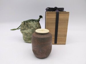 OS 西村春湖 備前 茶入 合箱 仕覆 茶道具 茶器 陶器 伊部 24051605