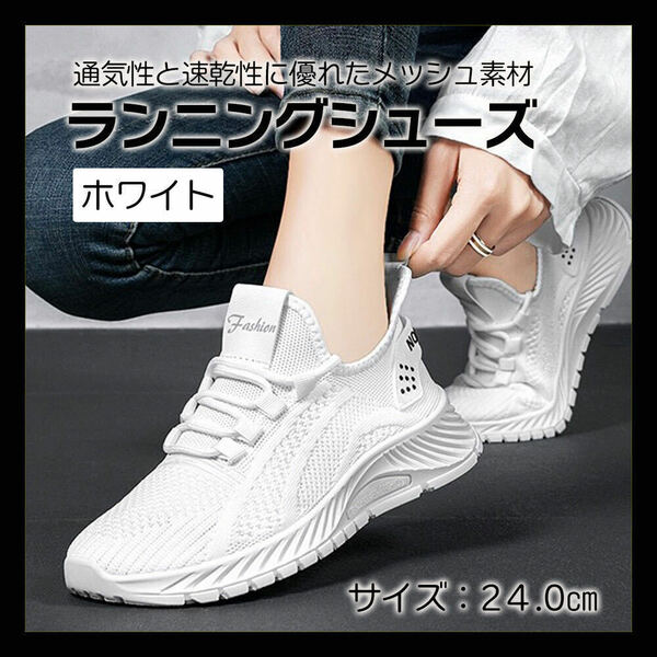 ★24.0★ スニーカー　ウォーキング　軽量　ホワイト　シューズ　スポーツ　運動靴