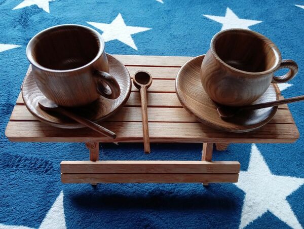 木製 コーヒーカップ　2客　スプーンつき