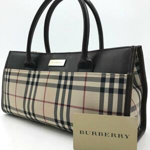 極美品●バーバリー BURBERRY ハンドバッグ トートバッグ ノバチェック ロゴプレート 内側総柄 キャンバス レザー ブラウン レディース