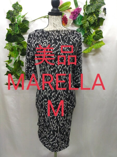 美品 マレーラ ワンピース M メッシジャージプリント 黒×白