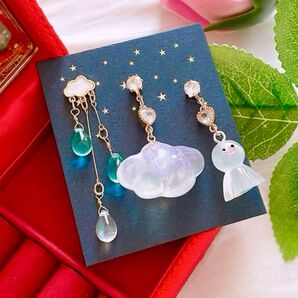 大人可愛い てるてる坊主 雲 雨 ドロップ 雫 3点セット ハンドメイド ピアス イヤリング アクセサリー