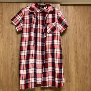 半袖 赤 チェック柄 ロングシャツ