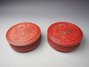 【逸】未使用品　新品同様◆菓子鉢２個セット　蓋付　朱山水◆