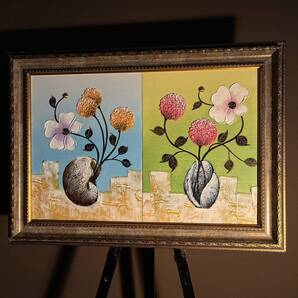 手書き油絵 2枚組 花瓶の花 額付 額付き 絵画 インテリア 油彩画