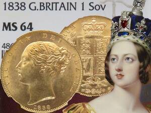 1838年 MS64 ヴィクトリア女王 ソブリン 金貨 イギリス 英国 NGC 鑑定 未使用 UNC 初年号 sovereign 紋章盾図 シールド ヤング