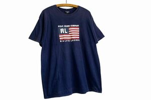 ビッグサイズ◎USA製90sビンテージPOLO JEANSポロジーンズRalphLaurenラルフローレン半袖ロゴプリントTシャツXLネイビーナス紺100綿n23480