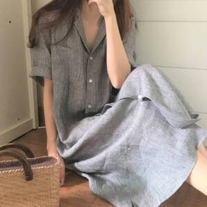 夏 ストライプス 半袖 襟付きロングシャツワンピース 開襟シャツ グレー Aライン ピンストライプ マシキ丈 ゆったり マタニティ ロング