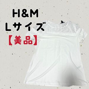 【H&M】エイチアンドエム　白　トップス　夏服レディース　L 半袖　 ホワイト Tシャツ カットソー　美品　レース