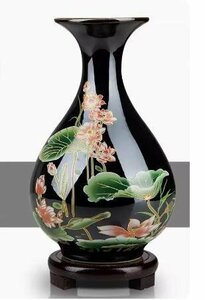 景徳鎮製　磁器　花瓶 蓮の花　蓮の葉　蓮　玉壺春　烏金釉　置物　装飾　古美術　インテリア　台座付き　生花　zh54