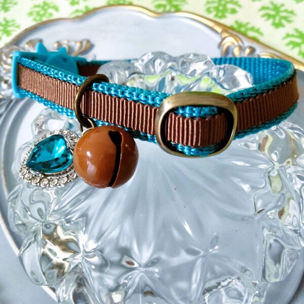 ヨーロピアン 猫ちゃん用 首輪 ねこ 成猫用 M ハンドメイド セーフティバックル カフェ ブルー ブラウン