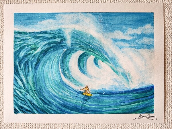 水彩画　風景画　海の絵　海　サーフィン　サーフィンの絵　絵画　アート　夏　原画