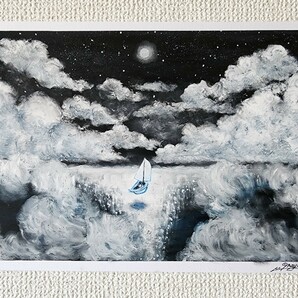 風景画　海の絵　夜空　雲　アート　パステル画　絵画　イラスト　オイルパステル