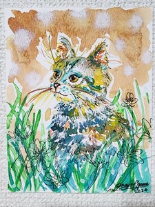 水彩画　猫の絵　海の絵　猫　動物画　アート　原画　