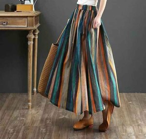  длинная юбка оборка юбка полоса рисунок юбка линия окантовка casual Asian [ большой размер есть ] 2XL полоса 