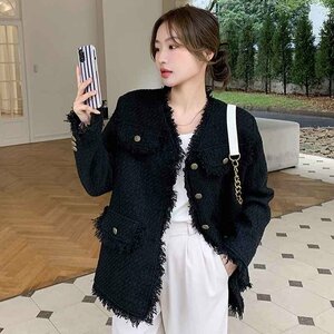  short coat short jacket long sleeve outer feather woven lovely simple autumn winter [ large size equipped ] 4XL black 