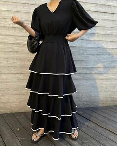 Ｖネックワンピース レディース デザイン 韓国ファッション ゆったり フリー ブラック