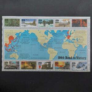 J677 アメリカ切手「第二次世界大戦50周年シリーズ第四段『勝利への道』1944年戦況地図とイラスト切手10枚小型シート」1994年発行 未使用