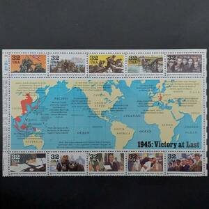 J678 アメリカ切手「第二次世界大戦50周年シリーズ第五段『ついに勝利』1945年戦況地図とイラスト切手10枚小型シート」1995年発行 未使用