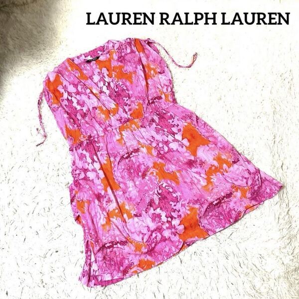 LAUREN RALPH LAUREN 花柄 ワンピース フレア ウエストゴム ボタニカル フリル 刺繍ロゴ ウエストゴム 膝丈 総柄 レディース M