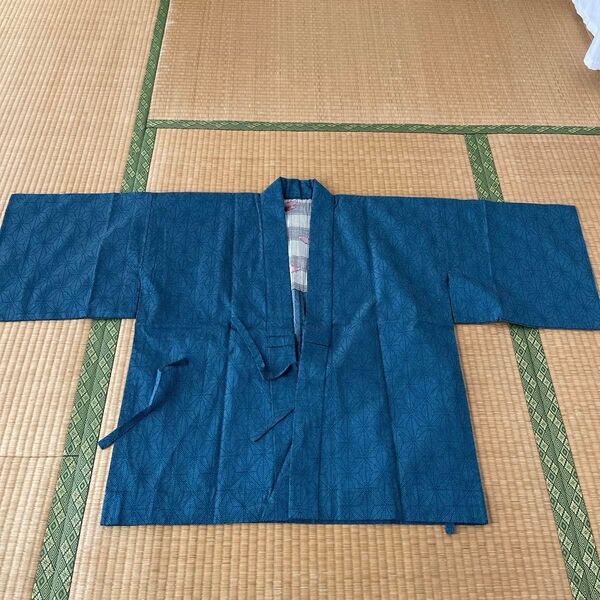 道中着 麻の葉文様 紬 単 生地取り リメイク