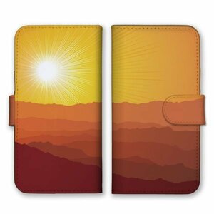 多機種対応 手帳型 スマホ ケース カバー iPhone15 AQUOS Galaxy Xperia 夕焼け 山々 イラスト