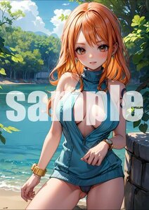 1021【A4写真用紙・高画質】『ワンピース ナミ』水着 ビキニ グラビア セクシー アニメ イラスト 同人 美女 ポスター ファンアート AI