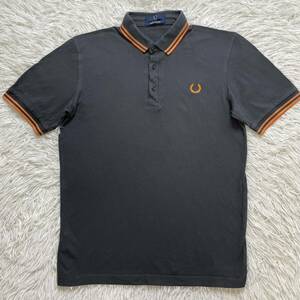 FRED PERRY Fred Perry men's polo-shirt with short sleeves embroidery Logo made in Japan S size casual charcoal gray orange line 