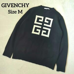 【正規品/美品】　GIVENCHY　ジバンシー　ニット　セーター　ブラック　M　メンズ　4Gロゴ　ダメージ加工　ホワイトロゴ　