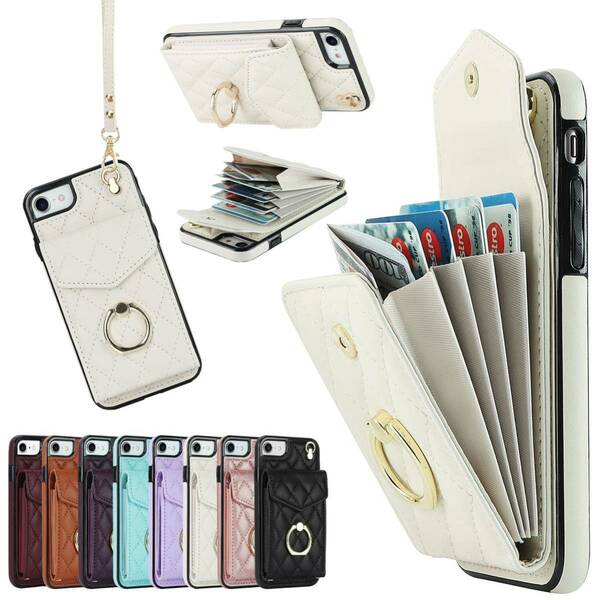iPhone SE3 レザーケース iPhone SE2 キルティングケース アイフォン7/8 ケース iPhone7 カバー カード収納 肩掛け 斜め掛け ホワイト