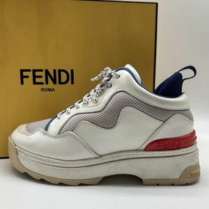 1円 【美品】 FENDI フェンディ 【王者の貫禄】 スニーカー シューズ 靴 厚底 FF ロゴ レザー ナイロン ホワイト 白 36 23.0cm相当 箱付き