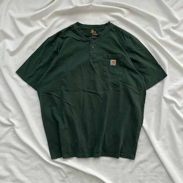 カーハート Carhartt 半袖 Tシャツ ヘンリーネック 胸ポケット ポケT 緑 グリーン 2XL 送料込 オーバーサイズ 古着