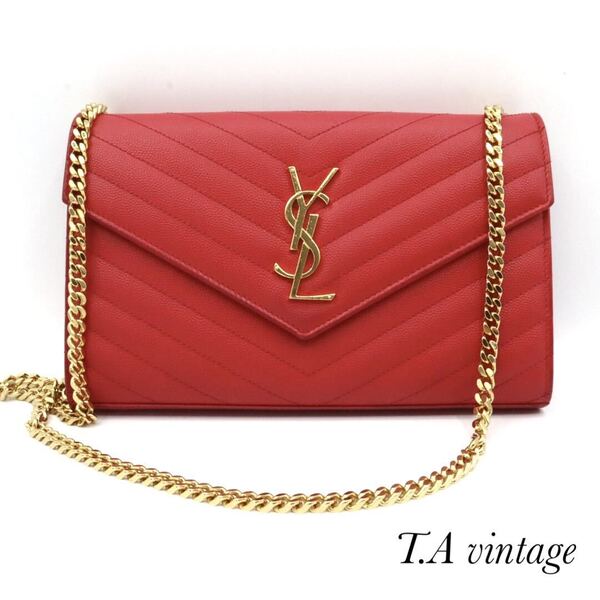 美品!サンローラン パリ YSL Vステッチ チェーンウォレットバッグ ピンク