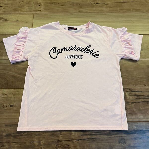 【美品】LOVETOXIC ラブトキシック★人気ロゴ入りフリル&ハート柄半袖Tシャツ/5分袖カットソー★ピンクL(150-160)