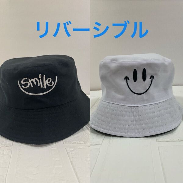 値下げ!新品 リバーシブル ニコちゃん スマイル バケットハット ブラック ホワイト