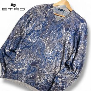  cashmere material /XL *ETRO Etro * finest quality. feel of men's long sleeve shirt long T tops thin stretch * whole surface peiz Lee pattern silk navy 