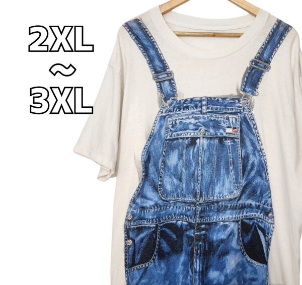 グッドプリントTシャツ 白 デニム柄 サロペット オーバーオール 2XL~3XL相当 古着 大きいサイズ