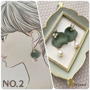 花びら パール くすみカラー グリーン ハンドメイドピアス 可愛い 大人 おしゃれ