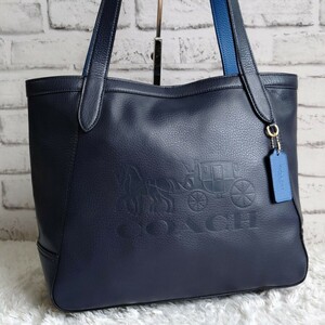 【美品】COACH コーチ トートバッグ ビジネス 肩掛け デカロゴ マルチカラー A4収納可 レザー ネイビー 紺 ホースアンドキャリッジ メンズ