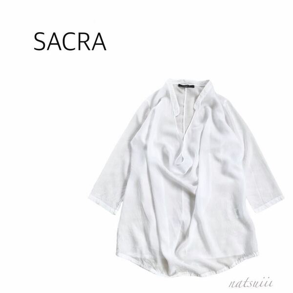 SACRA サクラ . エストネーション購入 とろみ ドレープ シャツ 白 ブラウス バックスリット 38 日本製 送料無料