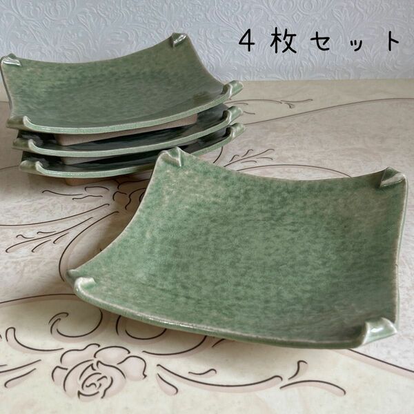 緑釉　隅折角皿　4枚セット　中皿　盛皿　和皿　土物　和食器　変形皿　グリーン　織部