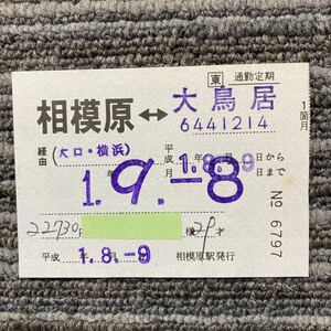 □東／J R東日本　相模原駅発行　相模原-大鳥居　大口・横浜経由　通勤定期券1箇月　平成元年発行