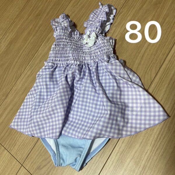プティマイン 水着 ブルー パープル チェック かわいい 80