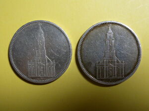 ドイツ５M銀貨、教会 1934・35年、２枚とも製造所A。概ね美品。