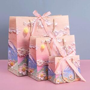 ラッピング 袋 手提げ 紙袋 プレゼント用 ギフトバッグ おしゃれ ギフト 袋 3D 立体 視覚 油絵 かわいい スタイル 誕生日